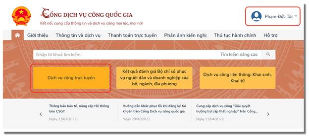 Đăng nhập thành công cổng DVC quốc gia