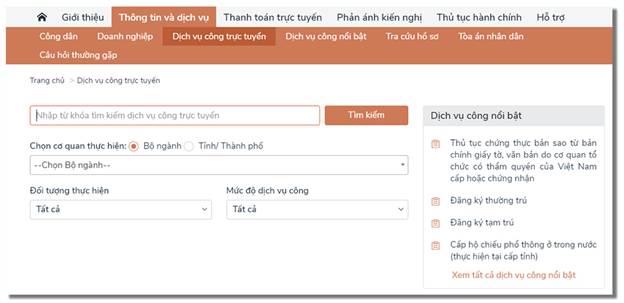 Lựa chọn hoặc tìm kiếm dịch vụ công trực tuyến phù hợp